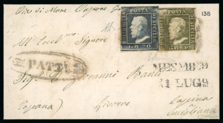 Stamp of Italian States » Sicily » 20 Grana » Covers 1859 (21.7) Large part folded entire franked 20 Gr. and 1 Gr. with unclear frame cancels, black oval PATTI handstamp at left, Messina transit at right, reverse with Cascina and blue Livorno date stamps, imperfections but