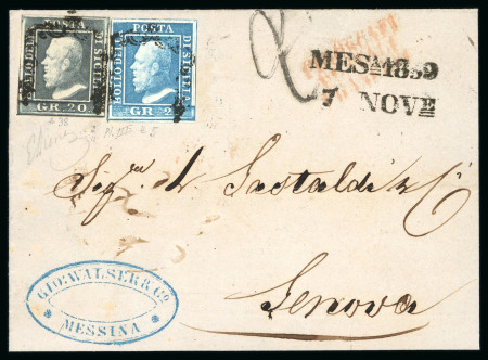 1859 20 Gr., dark slate (ardesia scuro), position 38, together with 2 Gr. Plate III, light blue (azzurro chiaro), position 5, on a large part printed Prices Current dated 7 November from Messina to Genoa. Both stamps are