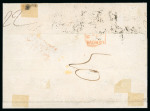 1859 20 Gr., dark slate (ardesia scuro), position 38, together with 2 Gr. Plate III, light blue (azzurro chiaro), position 5, on a large part printed Prices Current dated 7 November from Messina to Genoa. Both stamps are