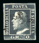 1859 20 Gr., black-slate (nero ardesia), position 72 showing retouch between the “R” and “2”, with four good even margins. Lightly used example.  A scarce and highly attractive example of this recorded retouched position