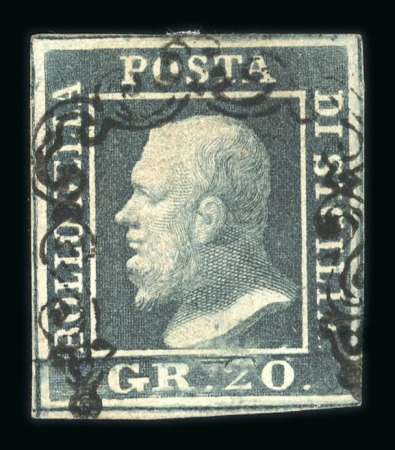 1859 20 Gr., dark slate (ardesia scuro), position 72 showing retouch between the “R” and “2”, with four margins. Fine used example.   A scarce and attractive example of this recorded retouched position, displaying excell