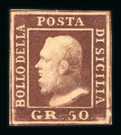 1859 50 Gr., chocolate (cioccolato), with good to large even margins. Fine unused example with large part original brownish gum.  A scarce and highly attractive example of this desirable shade, distinguished by its excel