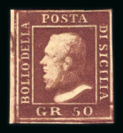 1859 50 Gr., brown-lake (lacca bruno), with good to large margins. Fresh unused example with large part original brownish gum.   A fine and attractive example of this high value, displaying excellent freshness, rich colo