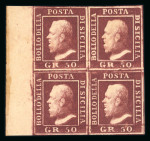 1859 50 Gr., dark violet-brown lake (lacca bruno scuro violaceo), left sheet marginal block of four, the upper right stamp, position 62, showing the double engraving variety. Fresh mint multiple with original brownish gu