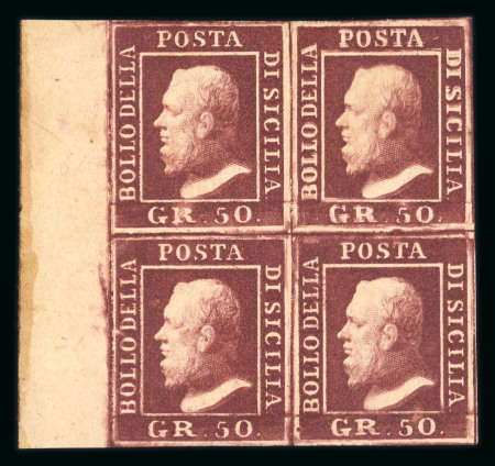 1859 50 Gr., dark violet-brown lake (lacca bruno scuro violaceo), left sheet marginal block of four, the upper right stamp, position 62, showing the double engraving variety. Fresh mint multiple with original brownish gu