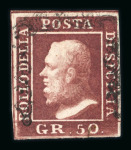 1859 50 Gr., dark violet-brown lake (lacca bruno scuro violaceo), with four margins. Very fine used example.  A scarce and highly attractive example of this rare shade, displaying excellent colour and overall appearance.