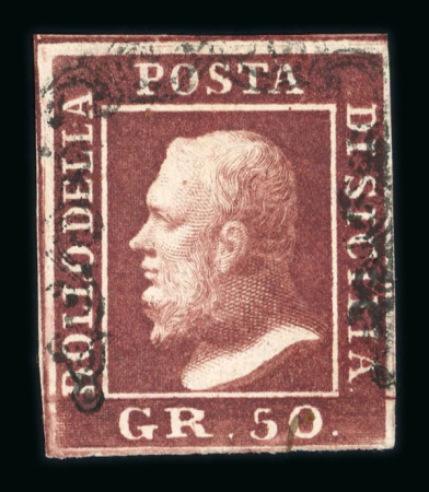 1859 50 Gr., dark violet-brown lake (lacca bruno scuro violaceo), with four margins. Very fine used example.  A scarce and highly attractive example of this rare shade, displaying excellent colour and overall appearance.