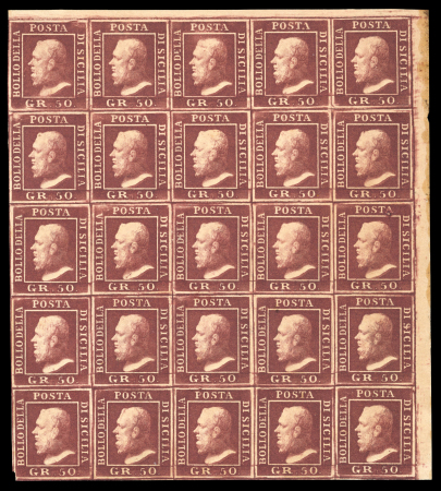 Stamp of Italian States » Sicily » 50 Grana » Stamps ** Sicily 1859 50 Gr. brown lake (lacca bruno), mint with original brownish gum, top right corner sheet marginal block of 25 (5 x 5), small imperfection in bottom left corner and some browning in margin at top right, oth