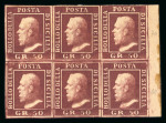 Stamp of Italian States » Sicily » 50 Grana » Stamps Sicily 1859 50 Gr. dark lake brown-violet (lacca bruno scuro violaceo), mint with usual original brownish gum, right-hand sheet marginal block of six (3 x 2), positions 58-60/68-70, position 70 with variety double engrav