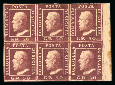 Stamp of Italian States » Sicily » 50 Grana » Stamps Sicily 1859 50 Gr. dark lake brown-violet (lacca bruno scuro violaceo), mint with usual original brownish gum, right-hand sheet marginal block of six (3 x 2), positions 58-60/68-70, position 70 with variety double engrav