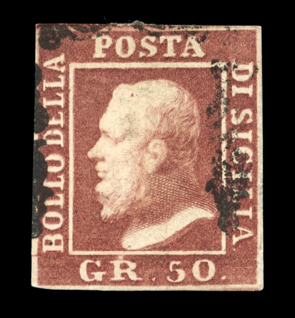 1859 50 Gr., brown-lake (lacca bruno), position 70 showing the double engraving variety, used