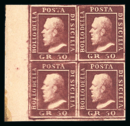 1859 50 Gr., dark violet-brown lake (lacca bruno scuro violaceo), bottom left corner sheet marginal block of four. The lower left stamp shows an almost complete double print. Fresh mint multiple with original brownish gu