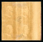1859 50 Gr., dark violet-brown lake (lacca bruno scuro violaceo), bottom left corner sheet marginal block of four. The lower left stamp shows an almost complete double print. Fresh mint multiple with original brownish gu