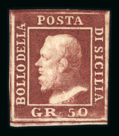 1859 50 Gr., brown-lake (lacca bruno), position 93 showing retouch (beneath the lower right “5”), with four good even margins. Fresh mint example with original brownish gum.  A scarce and highly attractive example of thi