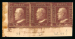 1859 50 Gr., brown-lake (lacca bruno), bottom left corner sheet marginal horizontal strip of three including the retouch at position 93, with close to good margins. Fresh mint multiple with original brownish gum. Some st