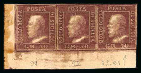 1859 50 Gr., brown-lake (lacca bruno), bottom left corner sheet marginal horizontal strip of three including the retouch at position 93, with close to good margins. Fresh mint multiple with original brownish gum. Some st