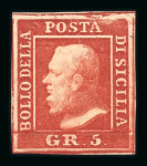 1859 5 Gr. Plate I, blood-red (rosso sangue), position 4, with four good even margins. Fresh unused example with large part original brownish gum. Very fine and a rare unused shade.  A particularly attractive example of 