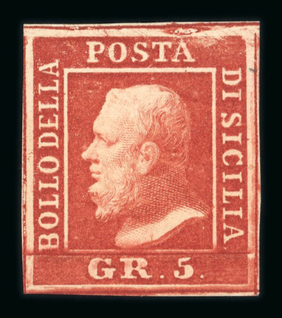 1859 5 Gr. Plate I, blood-red (rosso sangue), position 4, with four good even margins. Fresh unused example with large part original brownish gum. Very fine and a rare unused shade.  A particularly attractive example of 