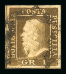 1859 1 Gr. Plate I, intense rusty-brown (bruno ruggine intenso), position 18 showing the retouch beneath the chin, with four good to large margins. Very fine used example.  A scarce and particularly attractive example of
