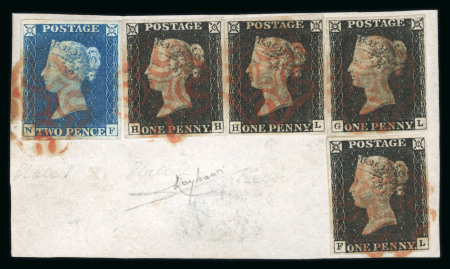1840 1d Black Plate 2 (HH, HL, FL, GL) and 2d Blue Plate 1 (NG), on fragment. A most attractive and highly unusual combination, all with four margins and neatly tied by fine strikes of the red Maltese Cross. A striking a