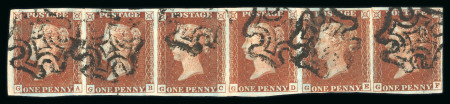 1841 1d Red, Plate 11 (“black plate” printing). A fresh horizontal strip of six (GA–GF) with good to large margins all round, cancelled by black Maltese Crosses