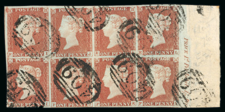 Stamp of Great Britain » 1841 1d Red 1841 1d red-brown in right hand marginal block of eight used with full selvedge and part inscription, used