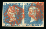 1840 2d Blue Plate 1 (IF–IG). A horizontal pair in a pale blue shade with good margins, each stamp neatly cancelled by bold strikes of red (vermilion) Maltese Crosses. Slight tone spots on reverse. A fine and attractive 
