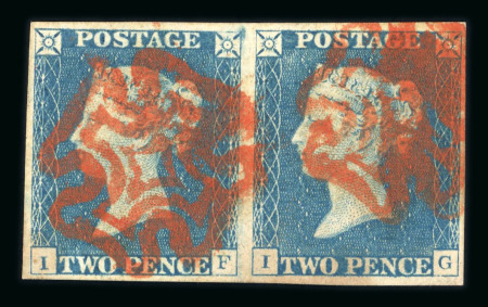 1840 2d Blue Plate 1 (IF–IG). A horizontal pair in a pale blue shade with good margins, each stamp neatly cancelled by bold strikes of red (vermilion) Maltese Crosses. Slight tone spots on reverse. A fine and attractive 