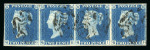 1840 2d Deep Full Blue, Plate 1. A fresh horizontal strip of four (QG–QJ) with good to large margins all round, lightly cancelled by black Maltese Crosses. A light natural bend between QG–QH, with much original gum still