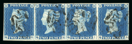 1840 2d Deep Full Blue, Plate 1. A fresh horizontal strip of four (QG–QJ) with good to large margins all round, lightly cancelled by black Maltese Crosses. A light natural bend between QG–QH, with much original gum still