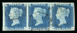 1840 2d Blue Plate 2. A horizontal strip of three (MJ–ML) in a deep shade, with large margins all round, lightly cancelled by black Maltese Crosses. MK with a trace of pressed crease. A fine and scarce multiple.   Proven