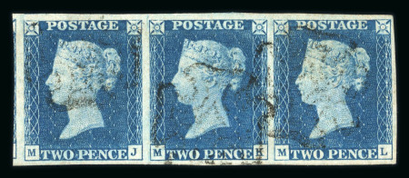 1840 2d Blue Plate 2. A horizontal strip of three (MJ–ML) in a deep shade, with large margins all round, lightly cancelled by black Maltese Crosses. MK with a trace of pressed crease. A fine and scarce multiple.   Proven