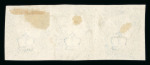 1840 2d Blue Plate 2. A horizontal strip of three (MJ–ML) in a deep shade, with large margins all round, lightly cancelled by black Maltese Crosses. MK with a trace of pressed crease. A fine and scarce multiple.   Proven