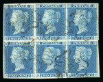 1841 2d Blue Plate 3 (QA–RC). A horizontal block of six with good margins, neatly cancelled by fine strikes of the “12” London Maltese Cross. QB with a small tear at top just touching the “P” of POSTAGE. An attractive an
