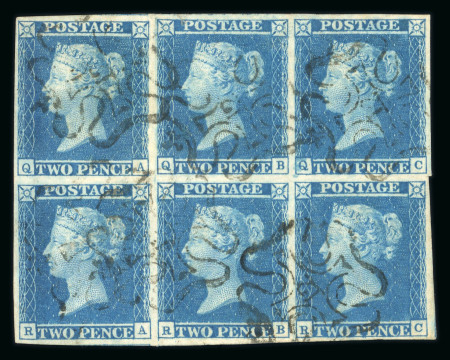 1841 2d Blue Plate 3 (QA–RC). A horizontal block of six with good margins, neatly cancelled by fine strikes of the “12” London Maltese Cross. QB with a small tear at top just touching the “P” of POSTAGE. An attractive an