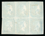 1841 2d Blue Plate 3 (QA–RC). A horizontal block of six with good margins, neatly cancelled by fine strikes of the “12” London Maltese Cross. QB with a small tear at top just touching the “P” of POSTAGE. An attractive an