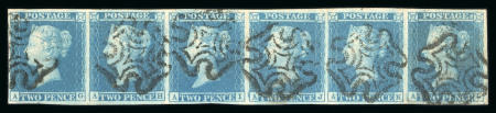 1841 2d Blue Plate 3 (AG–AL). A horizontal strip of six in a pale shade, with good to large margins all round, neatly cancelled by fine black Maltese Crosses. The reverse shows “ivory” heads. A very fine and attractive m