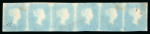 1841 2d Blue Plate 3 (AG–AL). A horizontal strip of six in a pale shade, with good to large margins all round, neatly cancelled by fine black Maltese Crosses. The reverse shows “ivory” heads. A very fine and attractive m