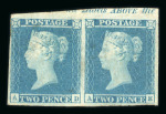 1841 2d Blue Plate 3 (AD–AE). A horizontal pair with part upper sheet margin showing inscription “Labels ABOVE the”. Mint with redistributed gum, thin spots noted. Fresh and attractive, and a scarce multiple.