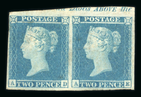 1841 2d Blue Plate 3 (AD–AE). A horizontal pair with part upper sheet margin showing inscription “Labels ABOVE the”. Mint with redistributed gum, thin spots noted. Fresh and attractive, and a scarce multiple.