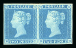 1841 2d Blue Plate 3 (BC–BD). A fresh horizontal pair with excellent margins and fine colour, mint with original gum (hinge remainders). A fine and attractive multiple.   Expertise: Signed T. Champion, Cert. B.P.A. (2025