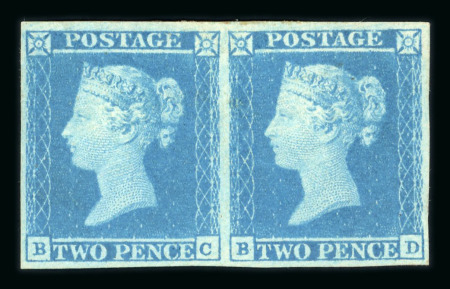 1841 2d Blue Plate 3 (BC–BD). A fresh horizontal pair with excellent margins and fine colour, mint with original gum (hinge remainders). A fine and attractive multiple.   Expertise: Signed T. Champion, Cert. B.P.A. (2025
