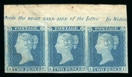 Stamp of Great Britain » 1841 2d Blue 1841 2d blue pl.4 in upper marginal strip of three AG-AI  with large margins and inscription mint with part o.g.