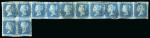 1841 2d Blue Plate 3. An irregular block of twelve (AA–AJ and BA–BB), used, with clear to good margins and black numeral cancellations. BA and BB with thin spots, AF torn and reinforced, AJ creased, and folded between AF