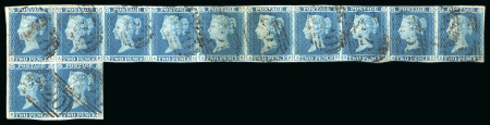 1841 2d Blue Plate 3. An irregular block of twelve (AA–AJ and BA–BB), used, with clear to good margins and black numeral cancellations. BA and BB with thin spots, AF torn and reinforced, AJ creased, and folded between AF