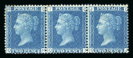 1858–76 2d Blue, Plate 14. A horizontal strip of three (QH–QJ), mint with large part original gum. QH with a corner thin and part o.g., otherwise very fine and fresh. An unusual and attractive strip. (SG £1,500+).