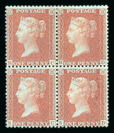 1854–57 Large Crown Perf. 14, Blued Paper 1d Red-Brown, Plate 20 (RC–SD). A mint block of four of fresh colour, with disturbed gum. A scarce plate in multiple form. (SG C6, £4,250).