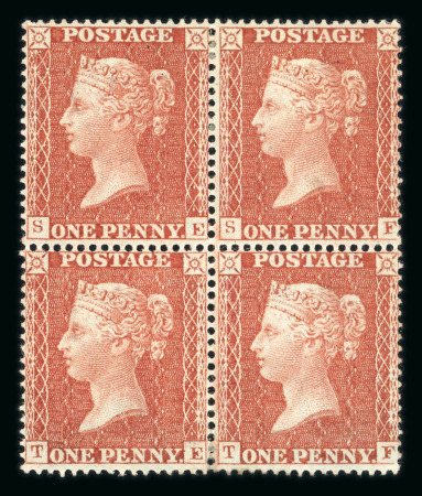 Stamp of Great Britain » 1854-70 Perforated Line Engraved 1854-57 Large Crown P16 1d red-brown in mint block of four SE-TF with traces of o.g.
