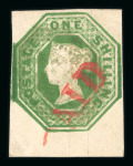 1847–54 1s Deep Green. A fine example with four margins, marginal at base, lightly used with traces of postmark and a large part red “PAID” arc strike denoting transatlantic usage. A superb example with exceptionally dee