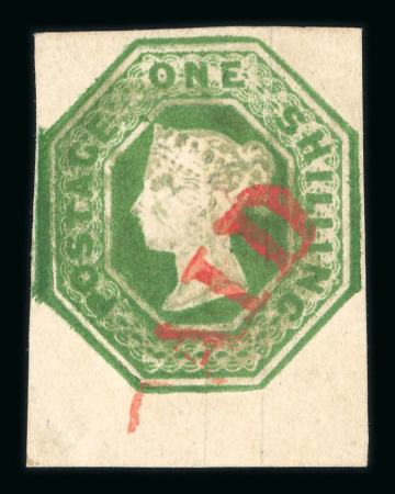 1847–54 1s Deep Green. A fine example with four margins, marginal at base, lightly used with traces of postmark and a large part red “PAID” arc strike denoting transatlantic usage. A superb example with exceptionally dee